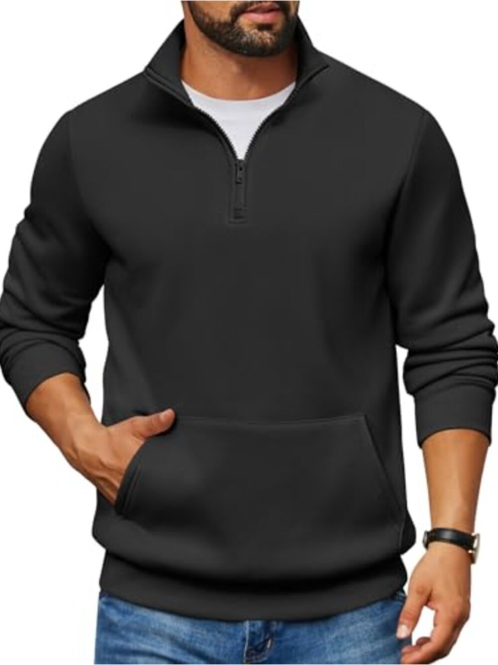 Mens Quarter Zip Pullover Fleece Lined Sweatshirt Mock Neck Kangaroo Pocket